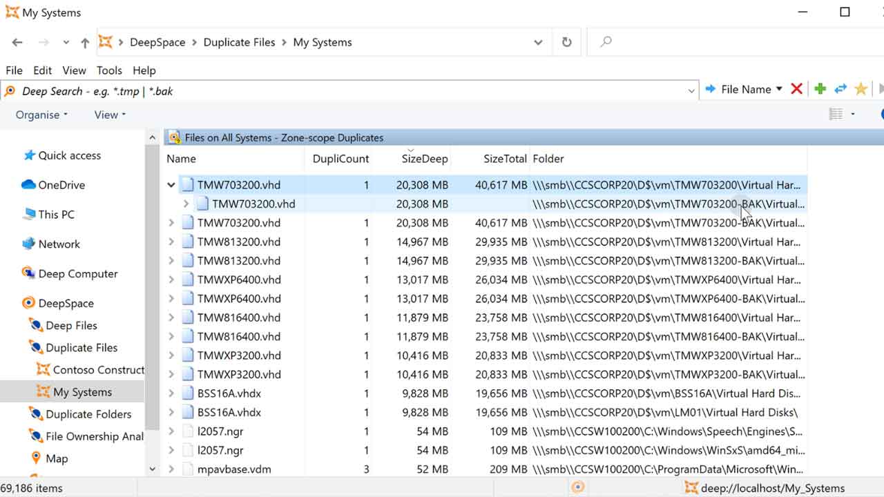 Duplicate File Analysis. Deep Space will help you resolve wasted space from duplicate files, using strict and fuzzy matching criteria. Space is money.