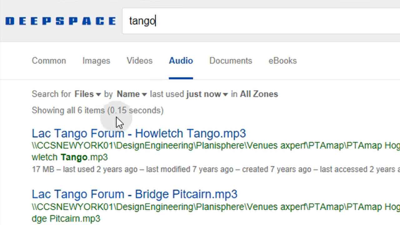 Sub-Second File Find. Find files across your entire file-scape at google-like speeds. Here we’re finding audio & video files across 39 millions files, in under 0.2 seconds.